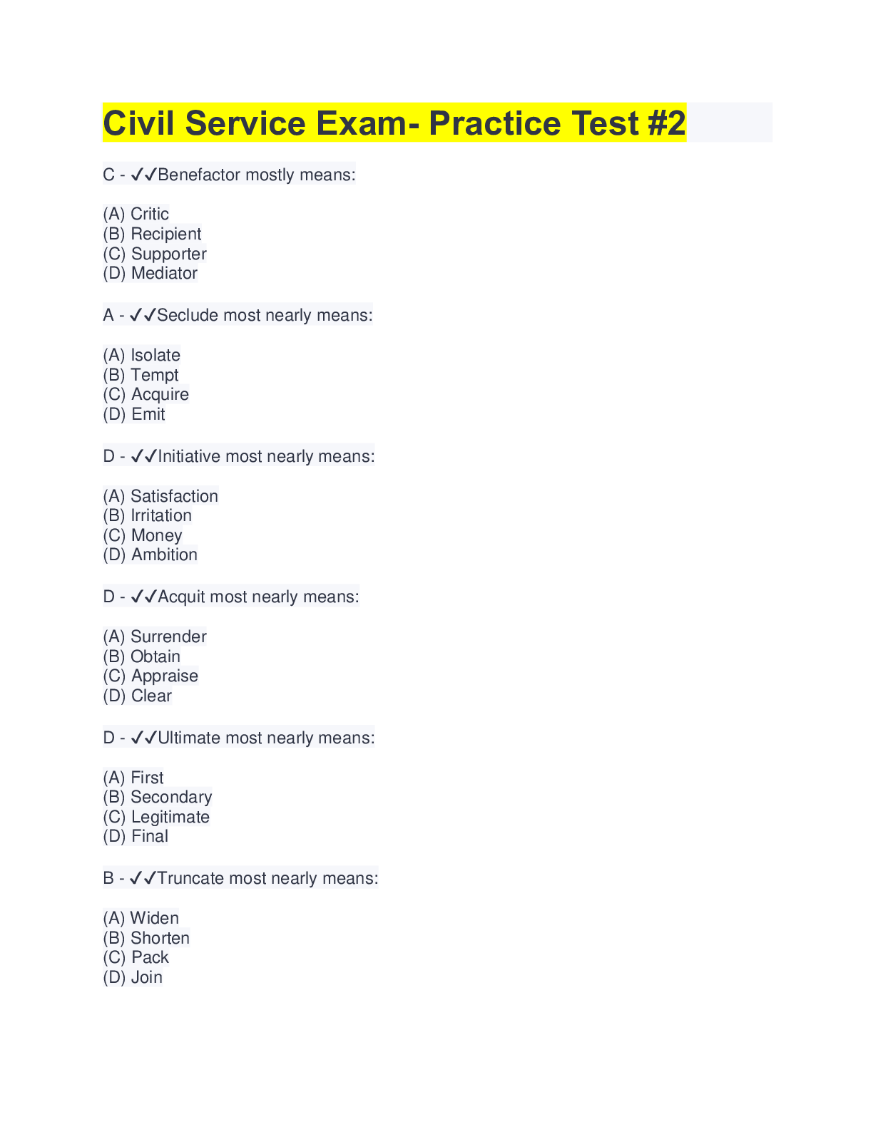 Civil Service Exam Practice Test 2 with COMPLETE SOLUTION